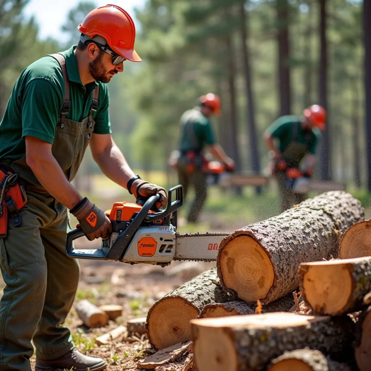 Cutting fallen oak trunk into uniform firewood rounds with Stihl chainsaw