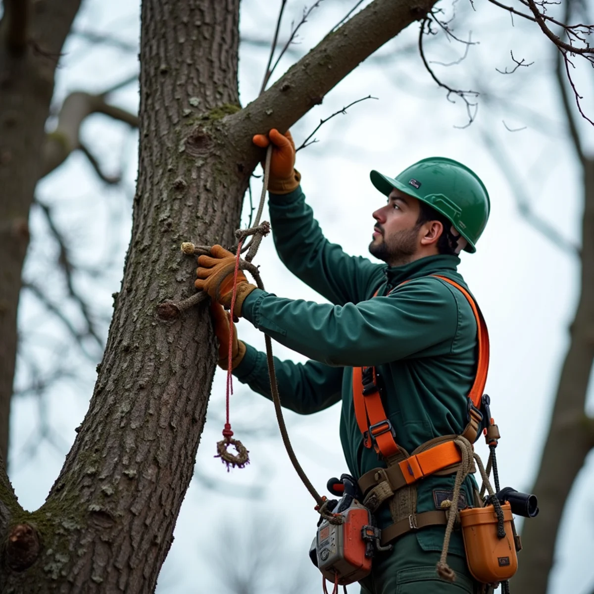 Climber removing dangerous broken hanger branch after winter ice storm