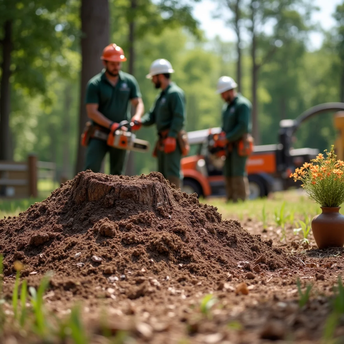 Level lawn bed filled with fresh organic wood mulch after grinding