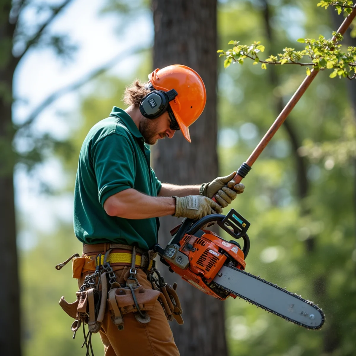 Trimming tree limbs clear of private service line with insulated pole saw