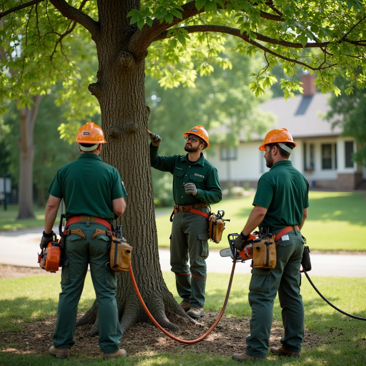 Setting up slow-drip soaker hose along outer canopy dripline of shade tree