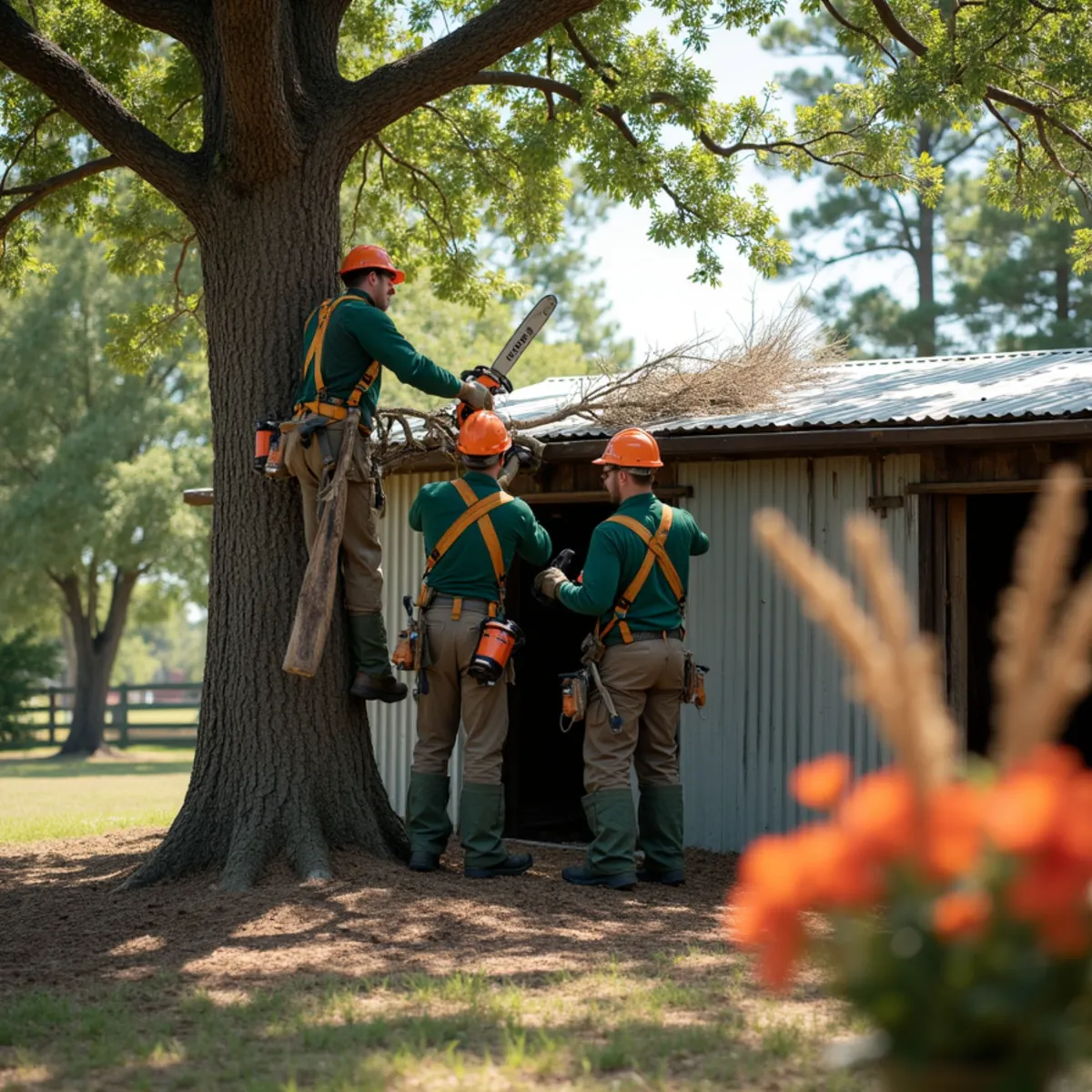 Pruning large pecan tree branches away from farm equipment pole barn