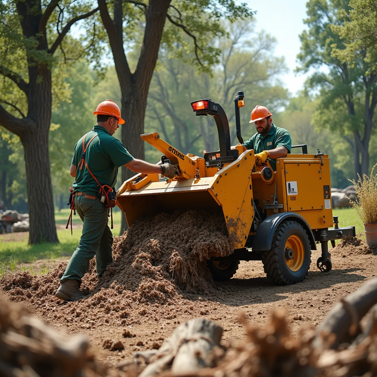 Continuous chipping of storm brush clearing residential property