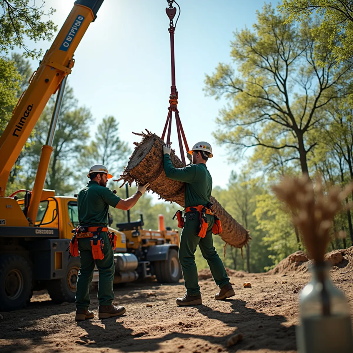 Rigging strap lifting heavy trunk section vertically off roof