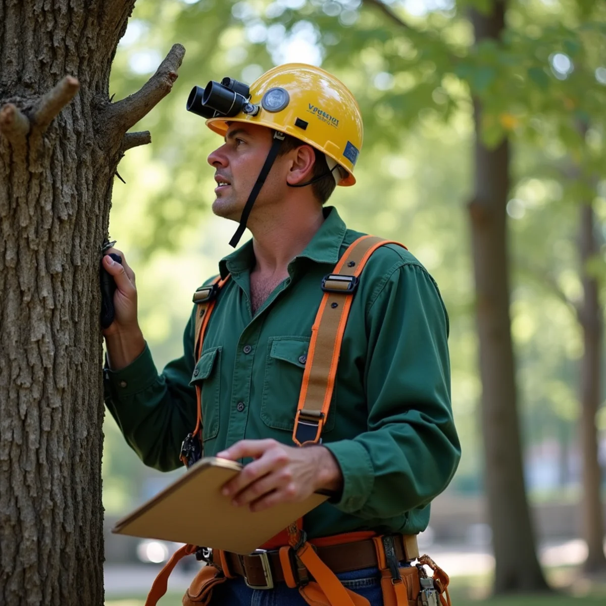Arborist inspecting oak branch union and structural lean on rural Mayes County acreage
