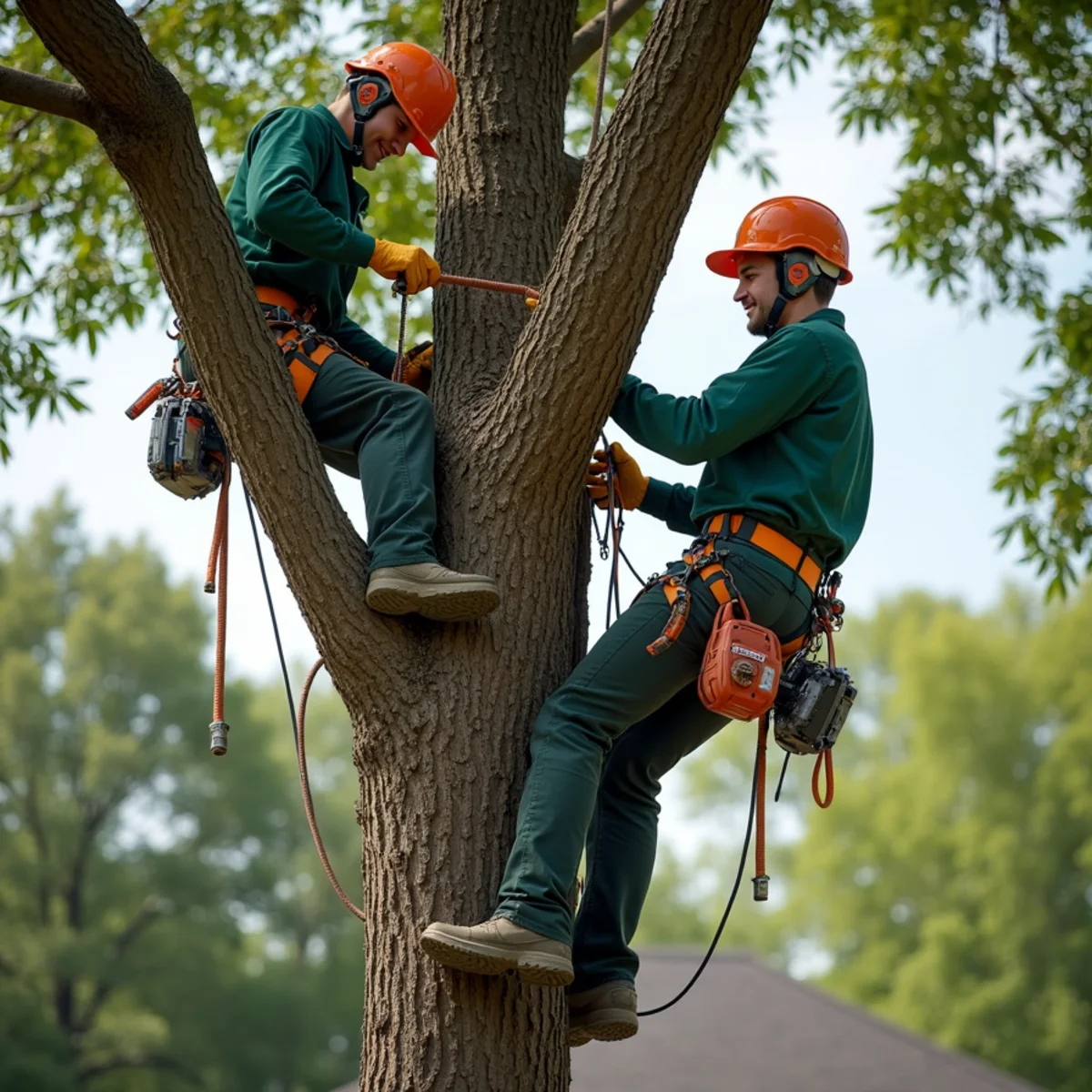 Technical climber rigged in mature pecan tree canopy lowering heavy limb near fence
