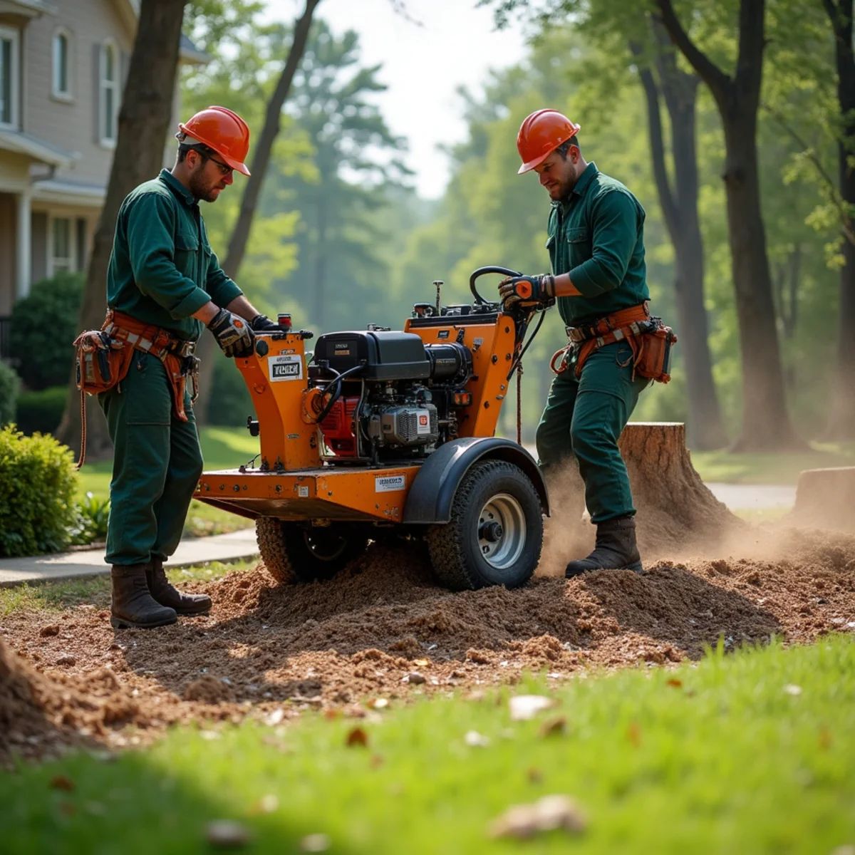 Commercial stump cutter grinding large oak stump below turf level in residential lawn