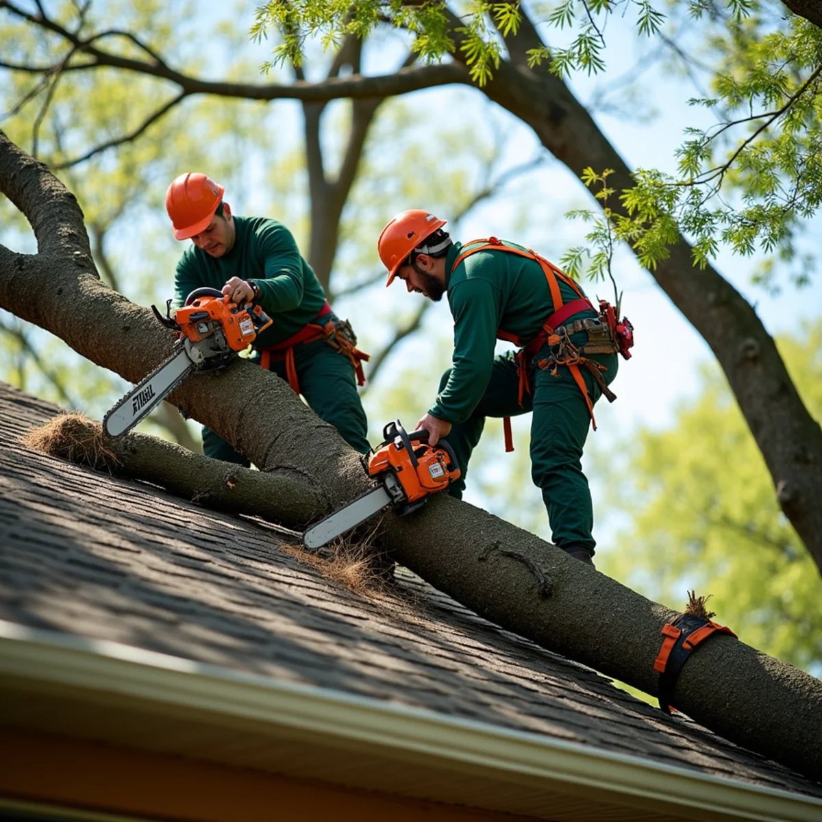 Emergency storm damage crew safely lifting split oak limb from residential roofline