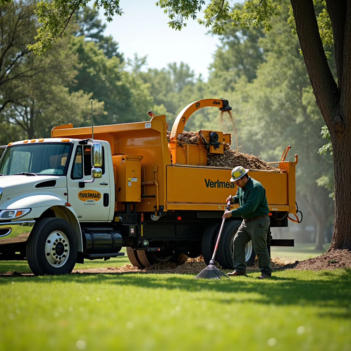 Groundsman raking lawn spotless beside brush chipper and enclosed forestry truck