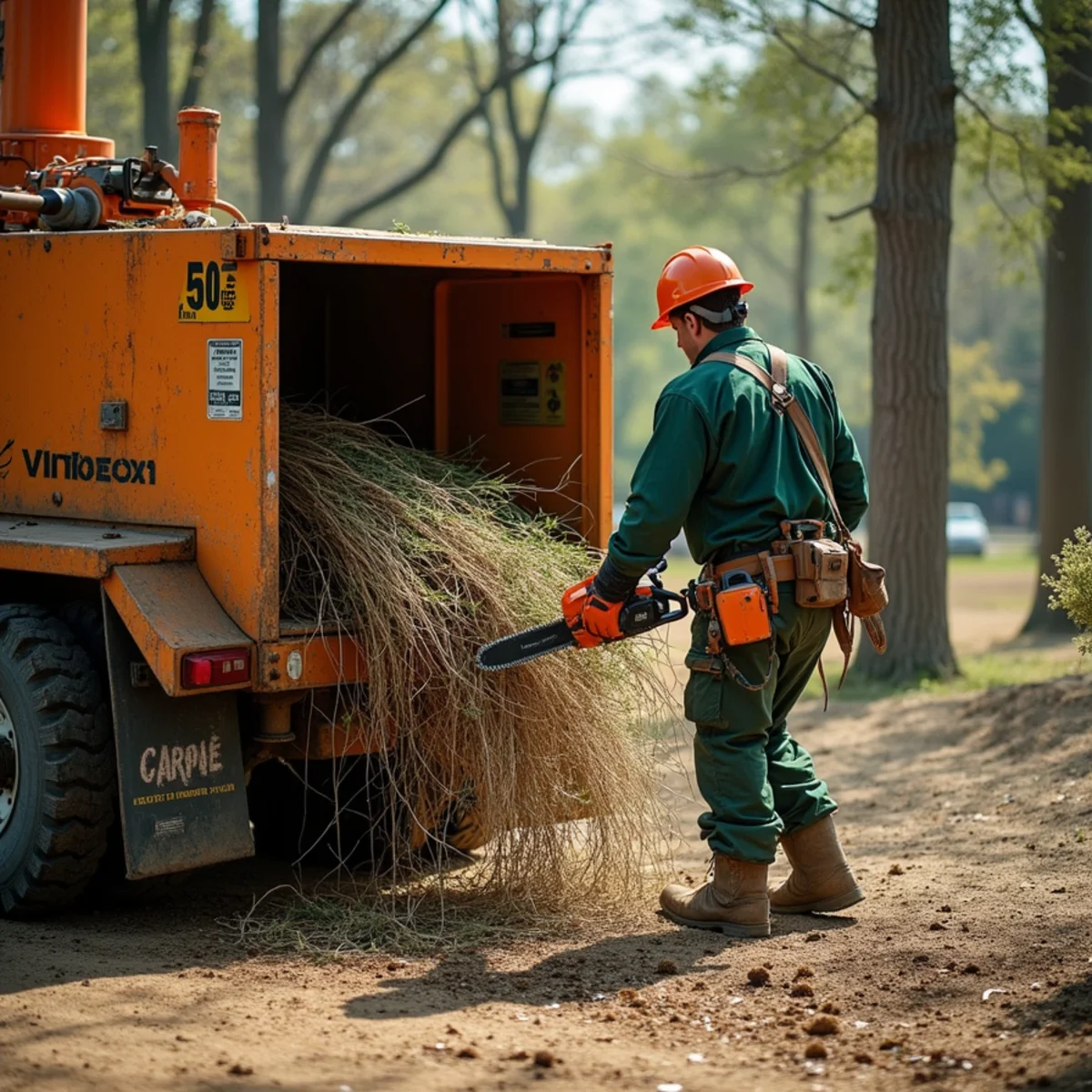 Commercial wood chipper converting dense brush piles into clean mulch