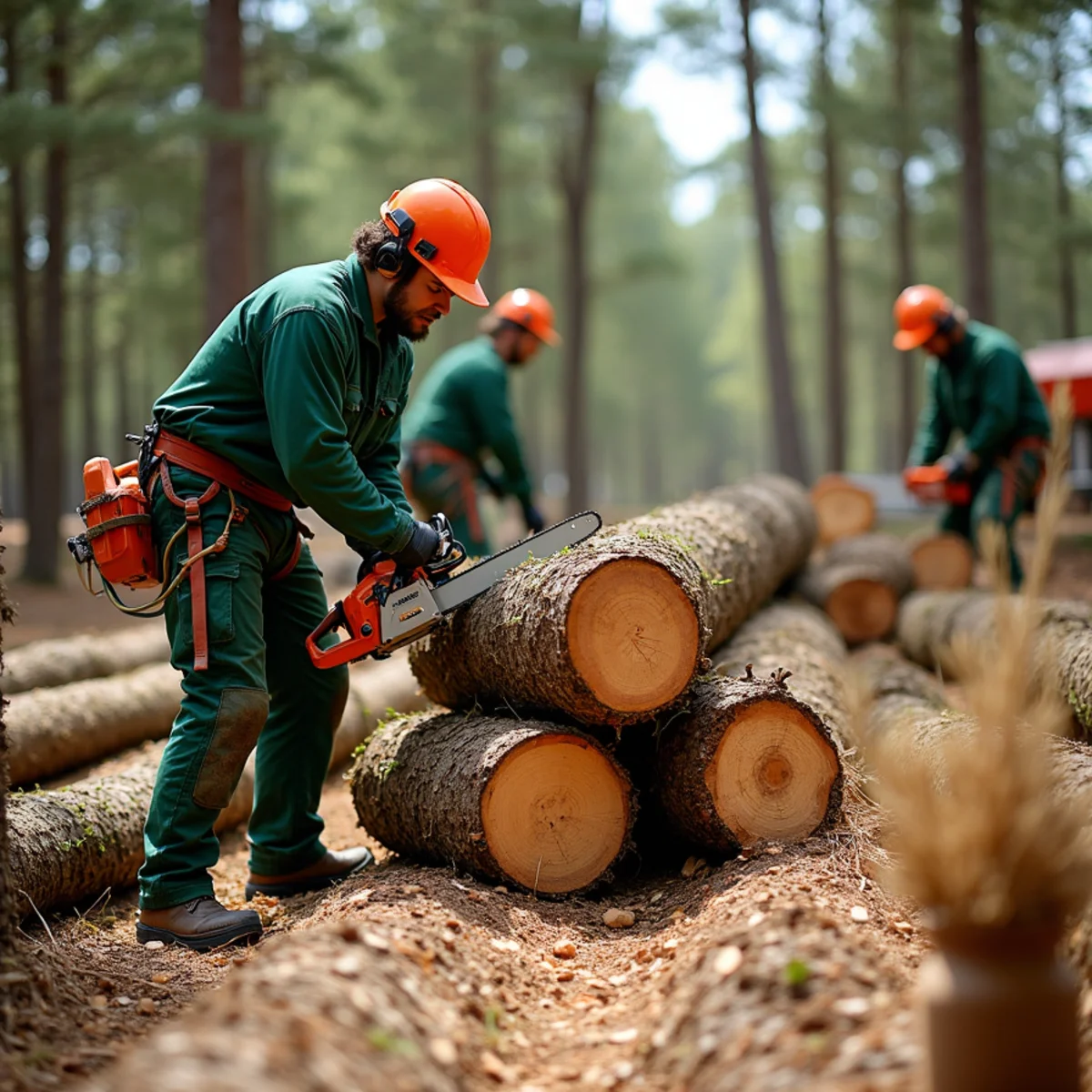 Stacking cut cedar trees in orderly rows for processing and hauling