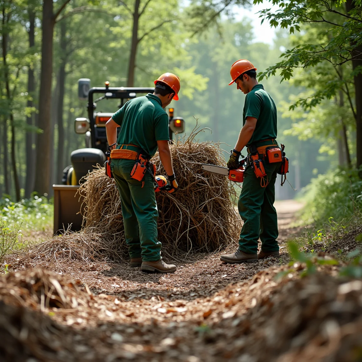 Forestry mulcher chewing dense undergrowth into uniform ground mulch