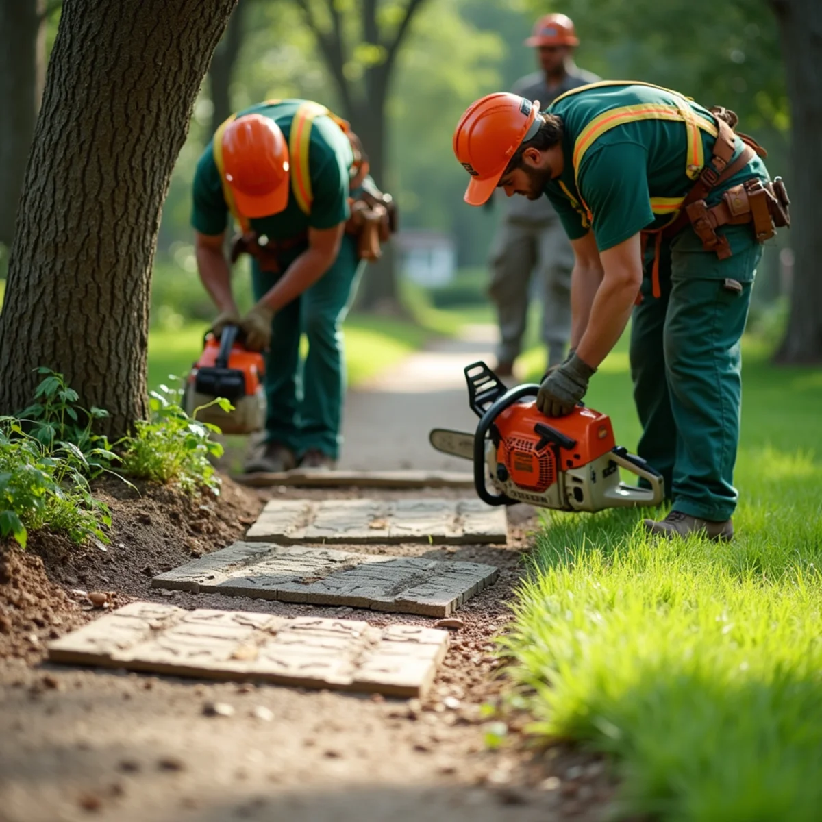 Ground protection mats laid across lawn to prevent equipment tire ruts