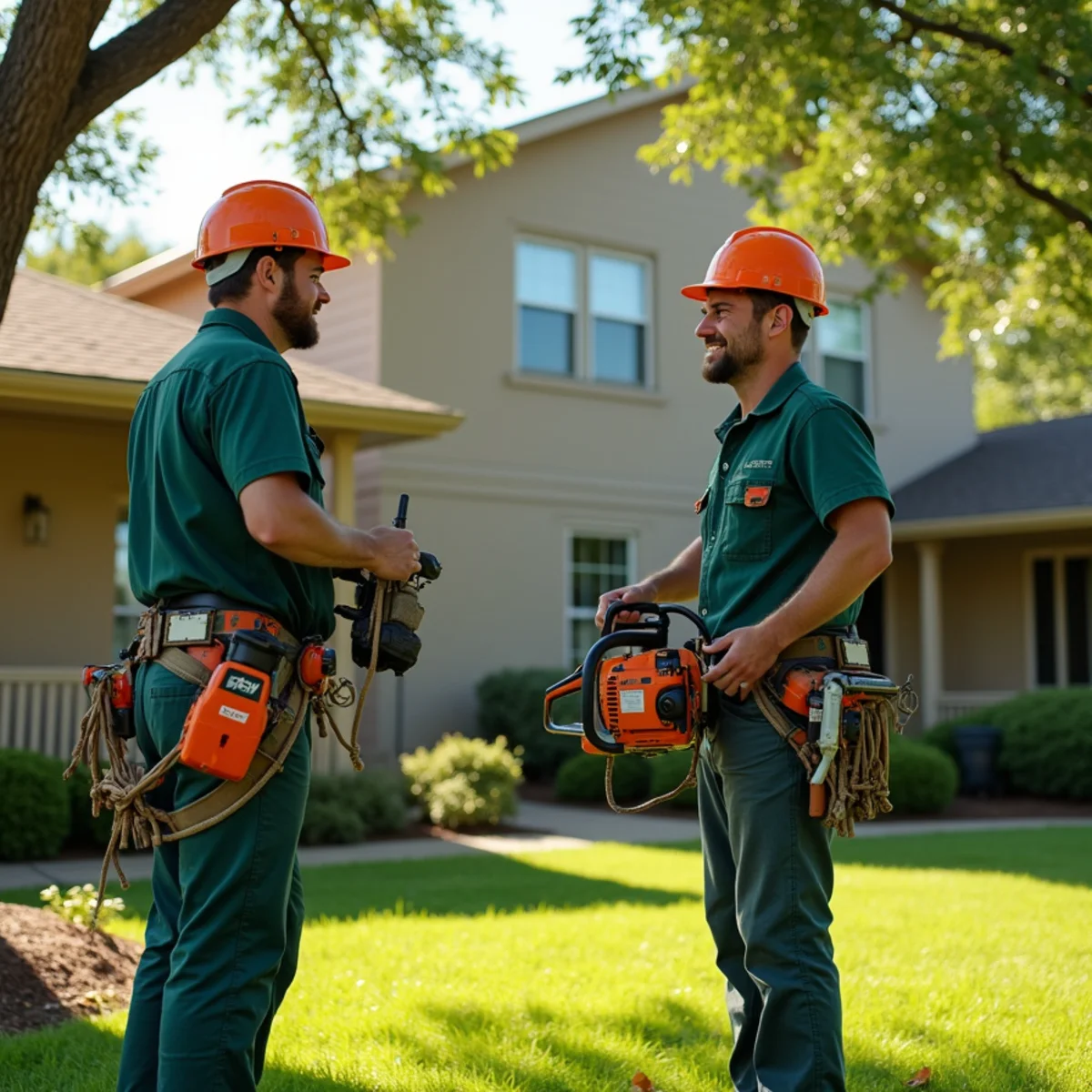 Satisfied homeowner shaking hands with lead arborist in front of immaculate finished backyard