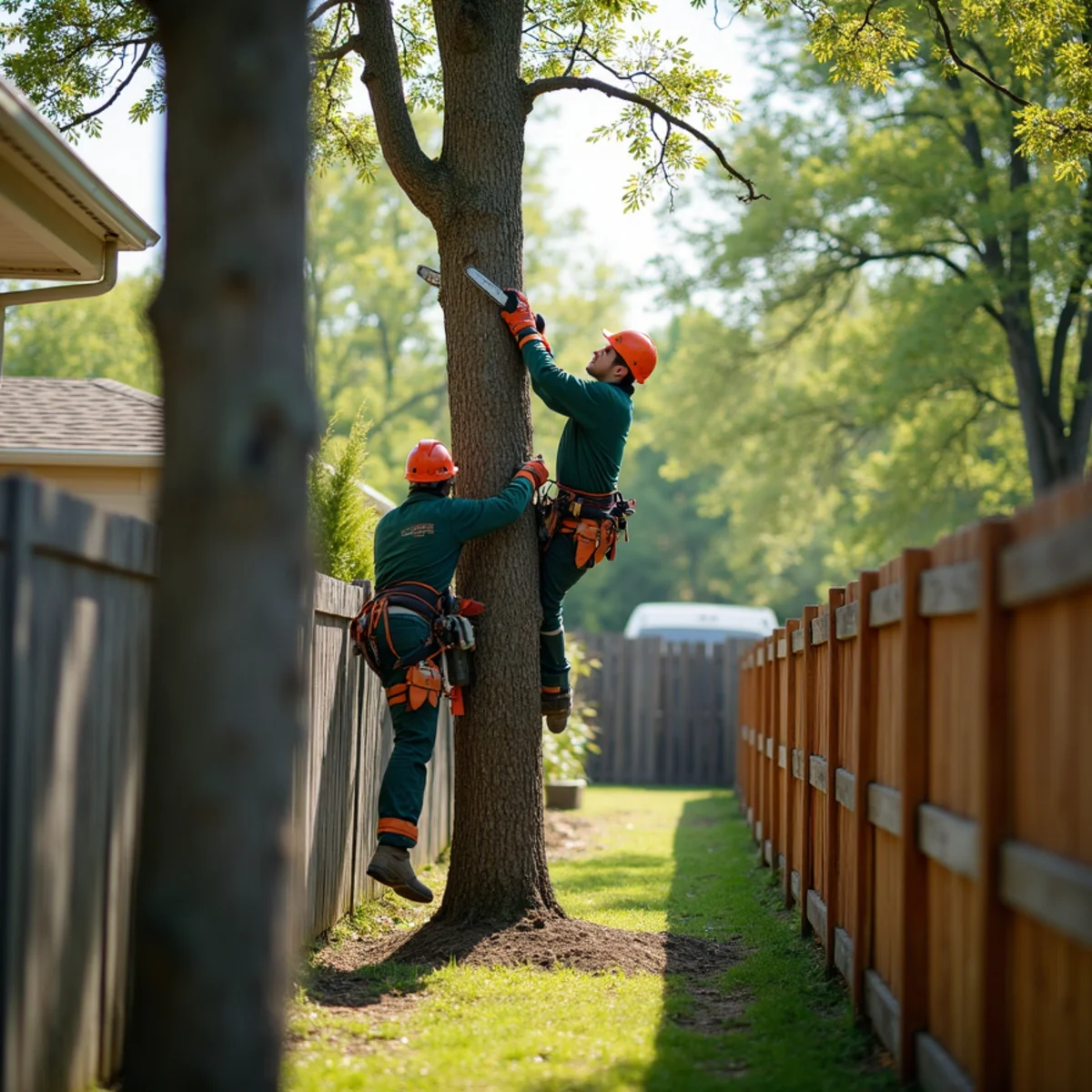 Tree care crew performing backyard rigging between fences in Broken Arrow Oklahoma