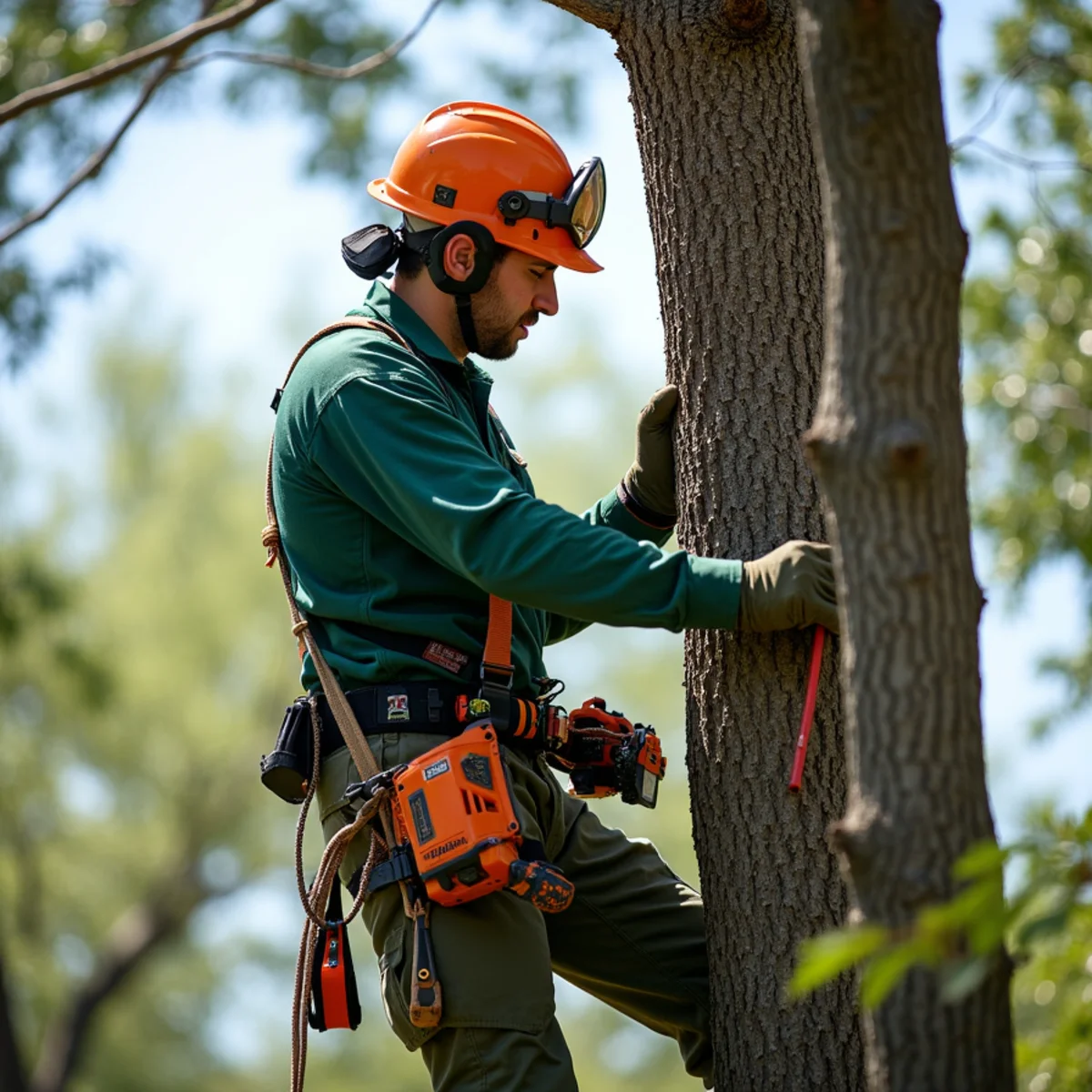Tree care crew performing crane strap tension cut in Chouteau Oklahoma