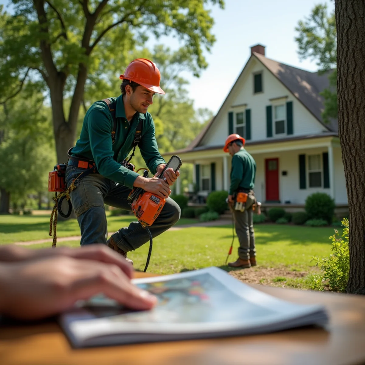 Tree care crew performing restored farmhouse grounds in Chouteau Oklahoma