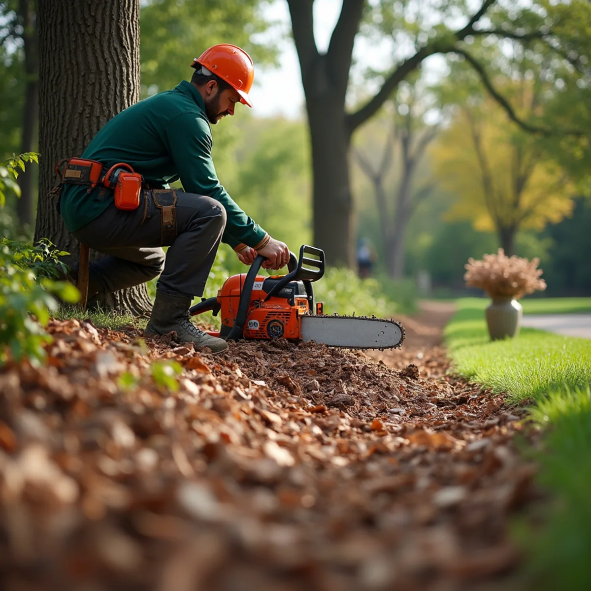 Tree care crew performing chipped mulch trail bedding in Claremore Oklahoma