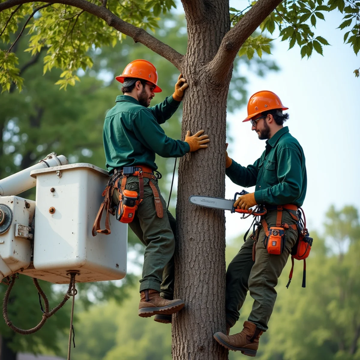 Tree care crew performing bucket pole saw pruning in Coweta Oklahoma