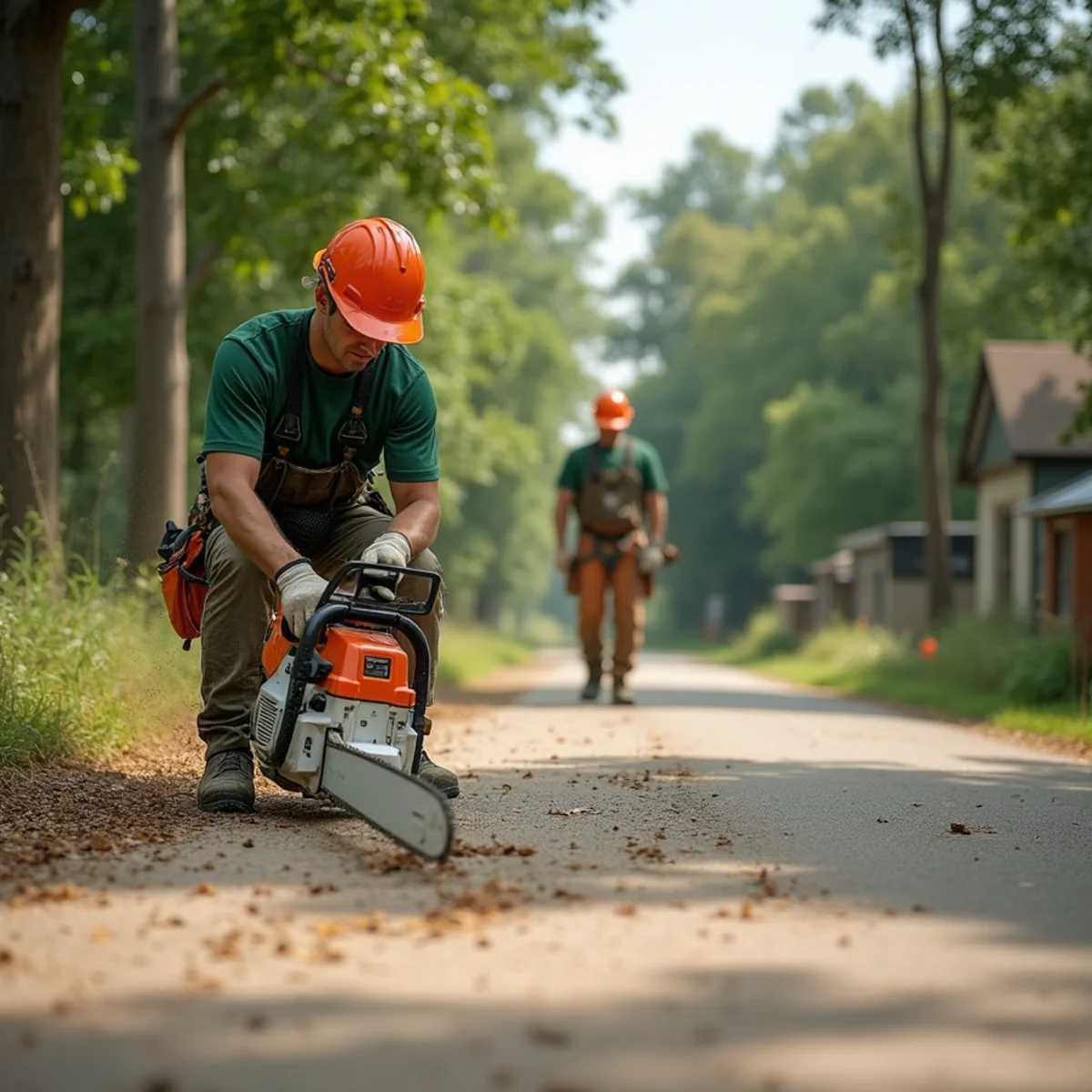 Tree care crew performing swept country driveway surface in Coweta Oklahoma