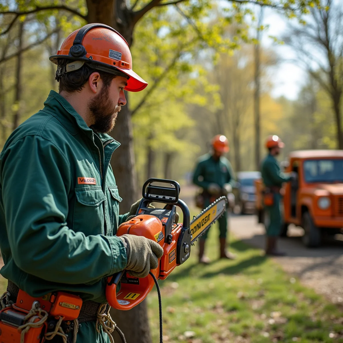 Tree care crew performing osage orange fence check in Inola Oklahoma