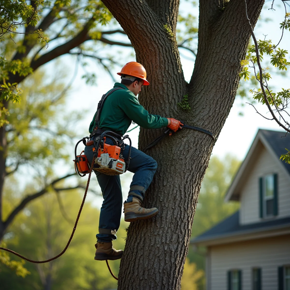 Tree care crew performing thorny limb grapple lift in Inola Oklahoma