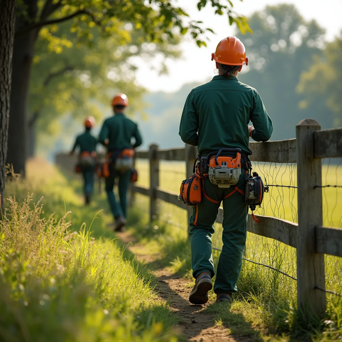Tree care crew performing cleared pasture fence line in Inola Oklahoma