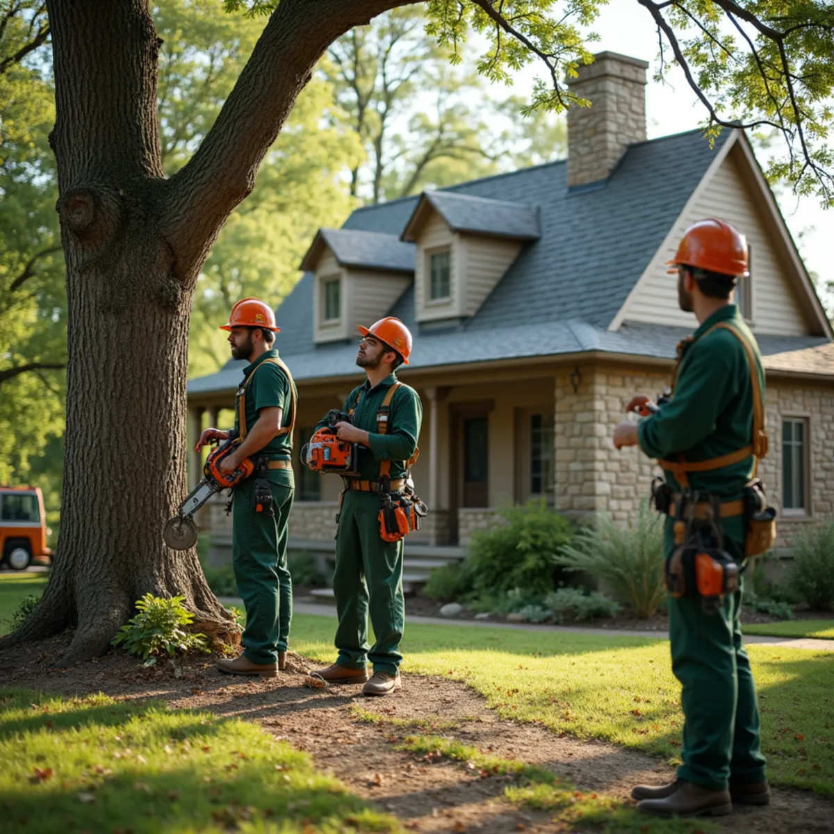 Tree care crew performing stone cottage tree survey in Locust Grove Oklahoma