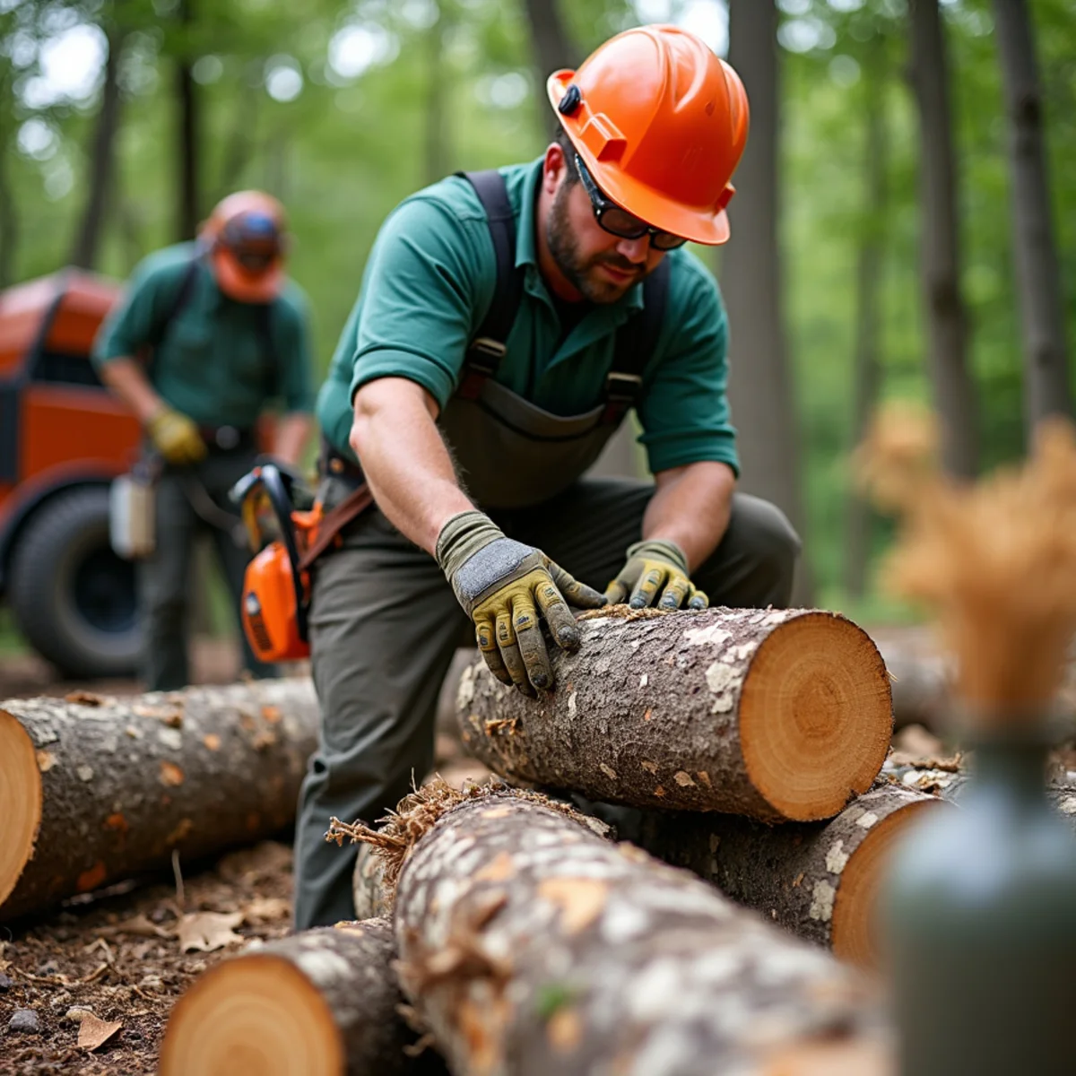 Tree care crew performing processing oak firewood rounds in Locust Grove Oklahoma