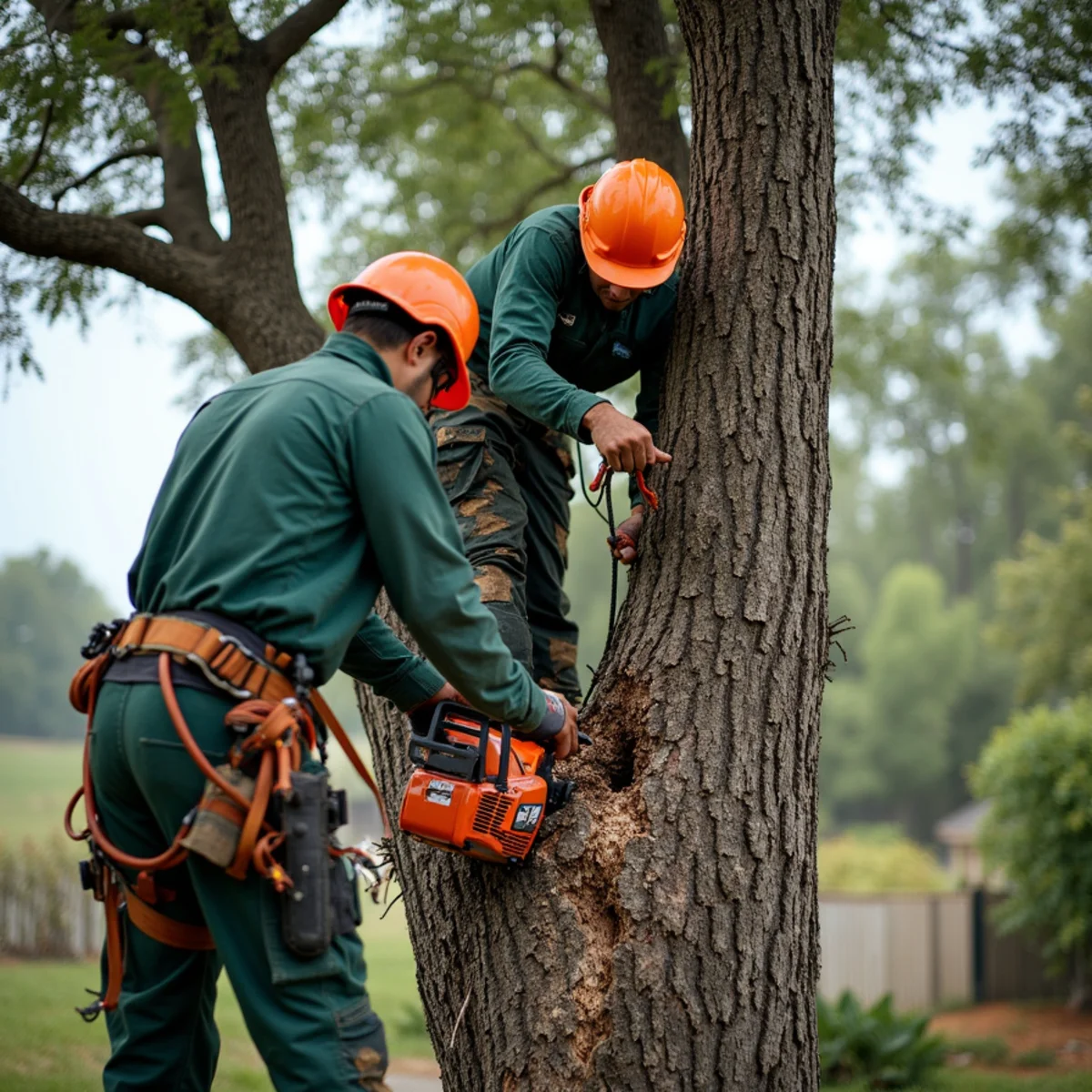 Tree care crew performing heavy water oak dismantling in Miami Oklahoma