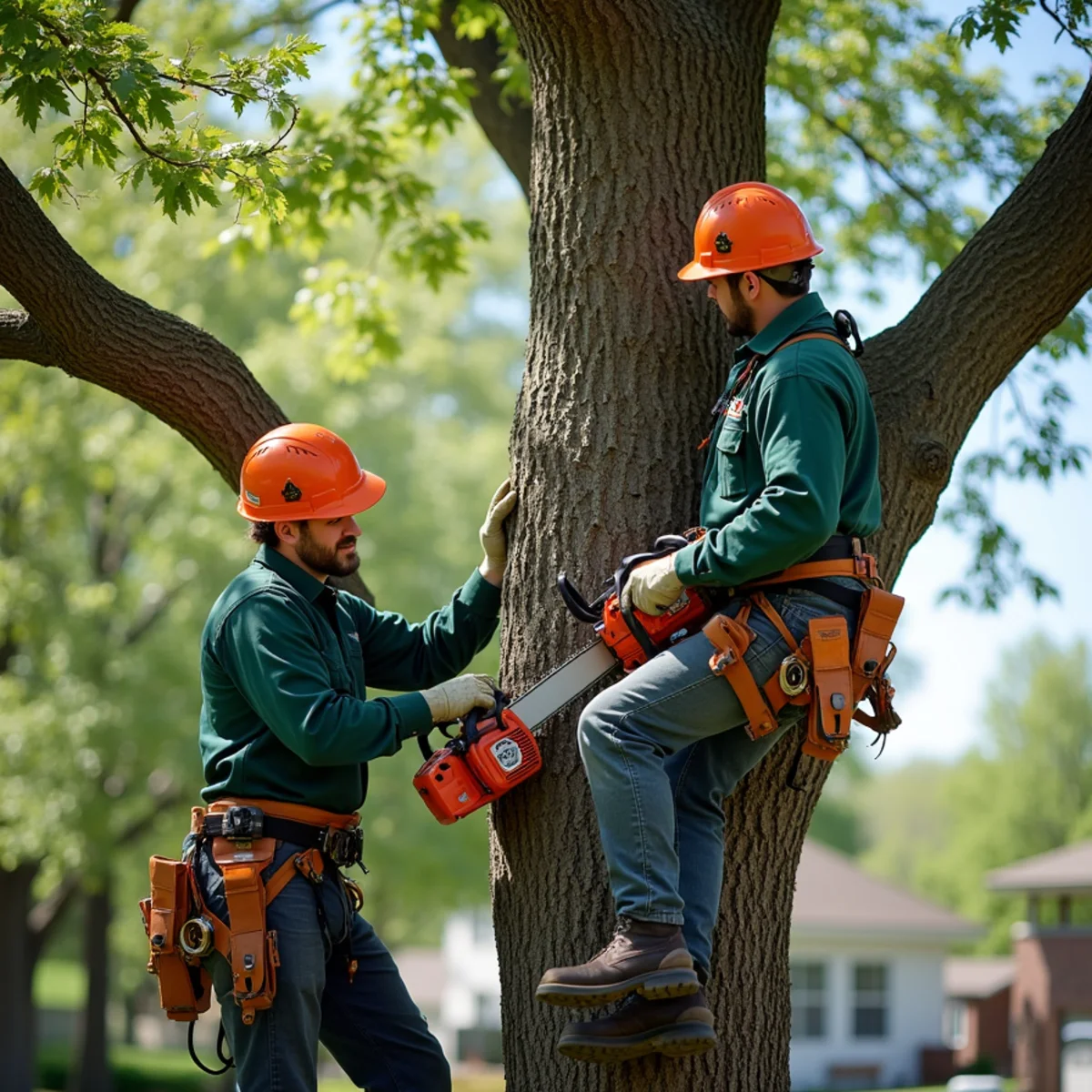 Tree care crew performing heavy pecan limb reduction in Muskogee Oklahoma