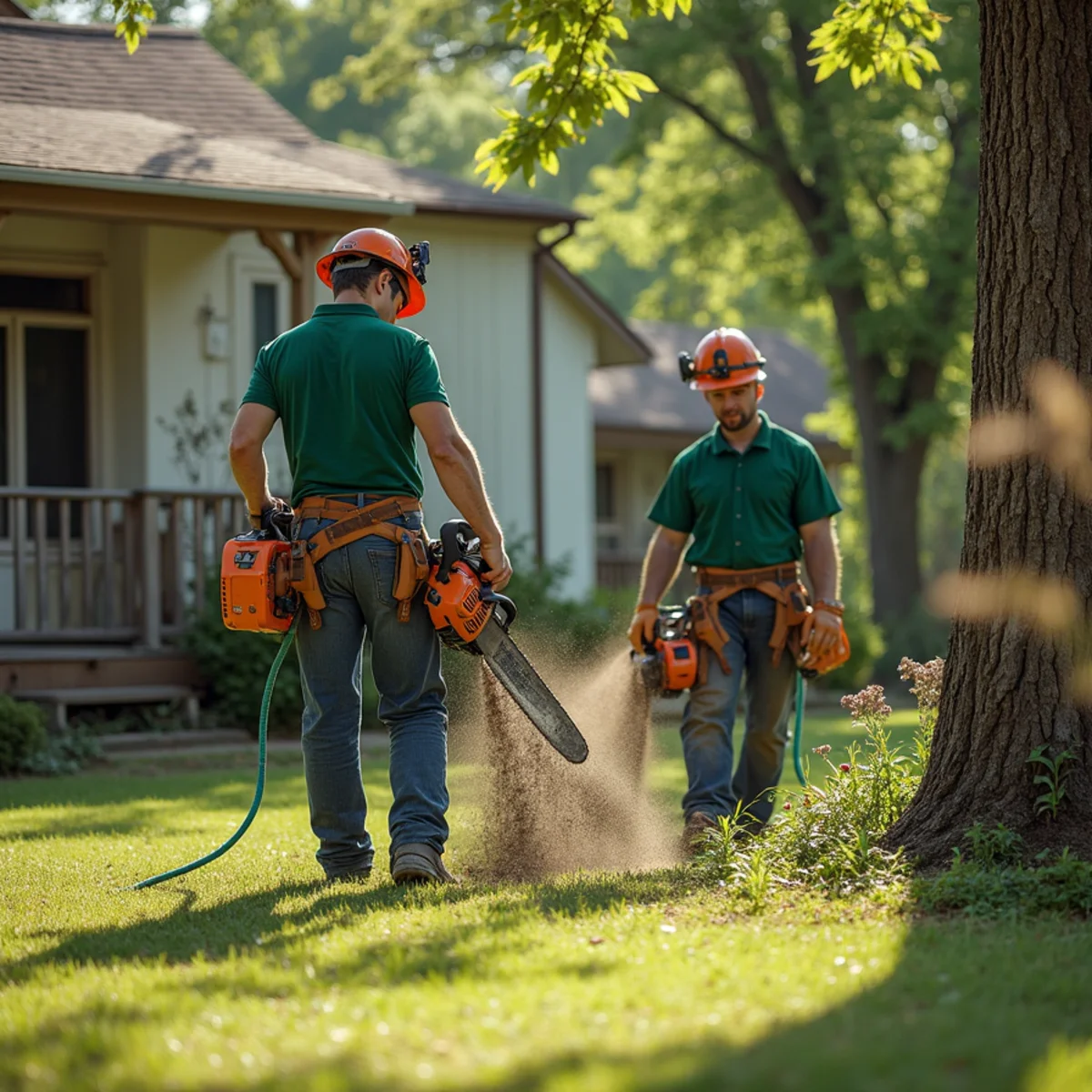 Tree care crew performing swept country homestead yard in Okmulgee Oklahoma