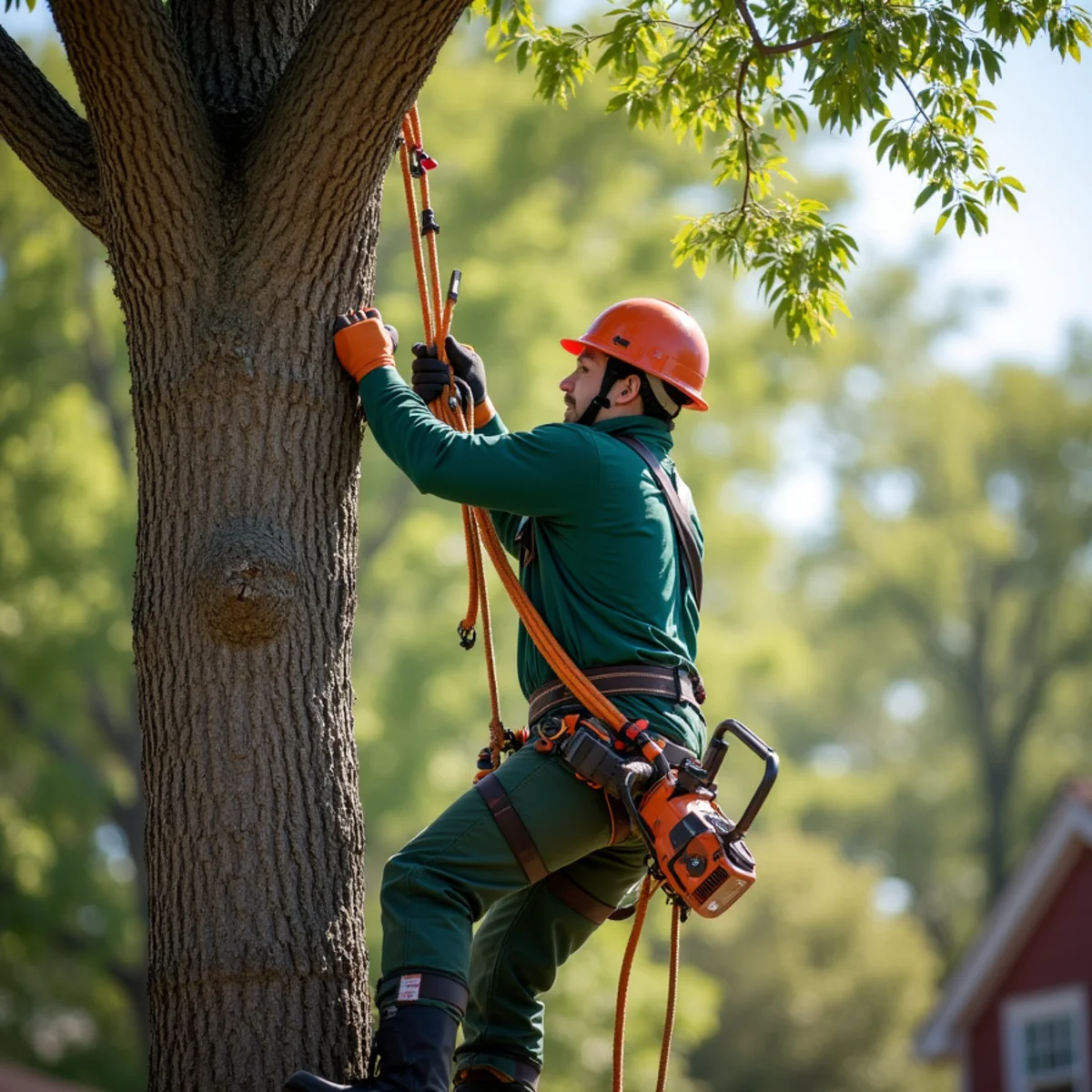 Tree care crew performing tight backyard rope lowering in Pryor Oklahoma