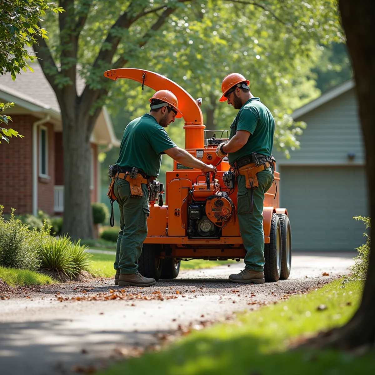 Tree care crew performing chipper in suburban driveway in Pryor Oklahoma