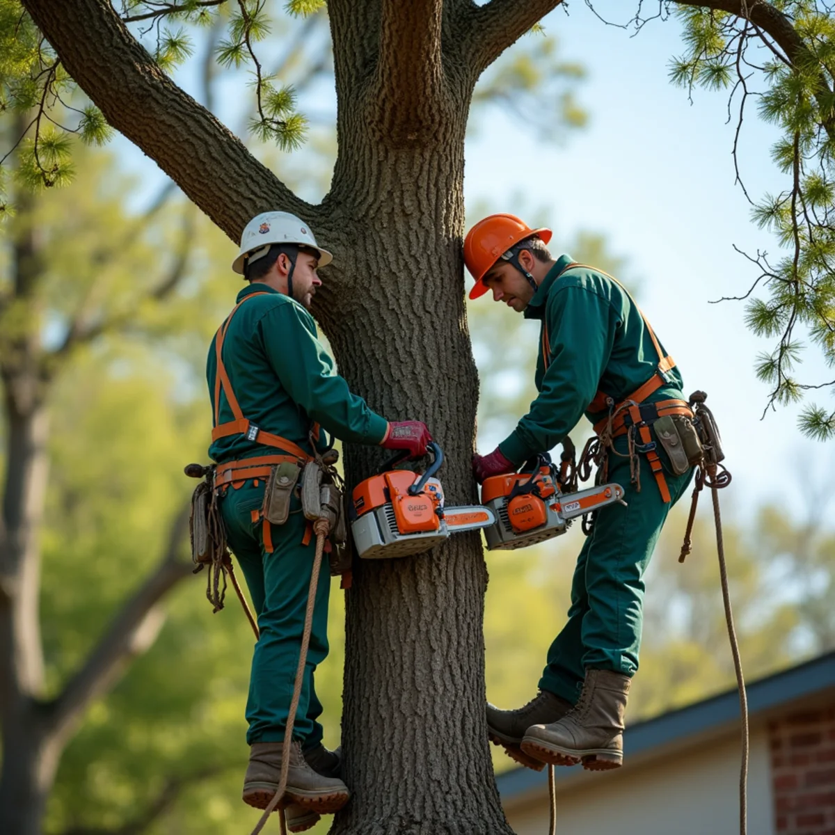 Tree care crew performing controlled post oak lowering in Sapulpa Oklahoma