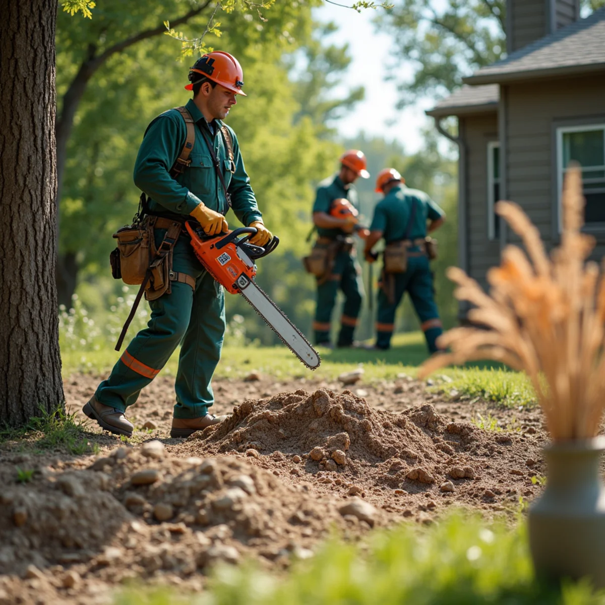 Tree care crew performing cleared rocky terrace lawn in Sapulpa Oklahoma