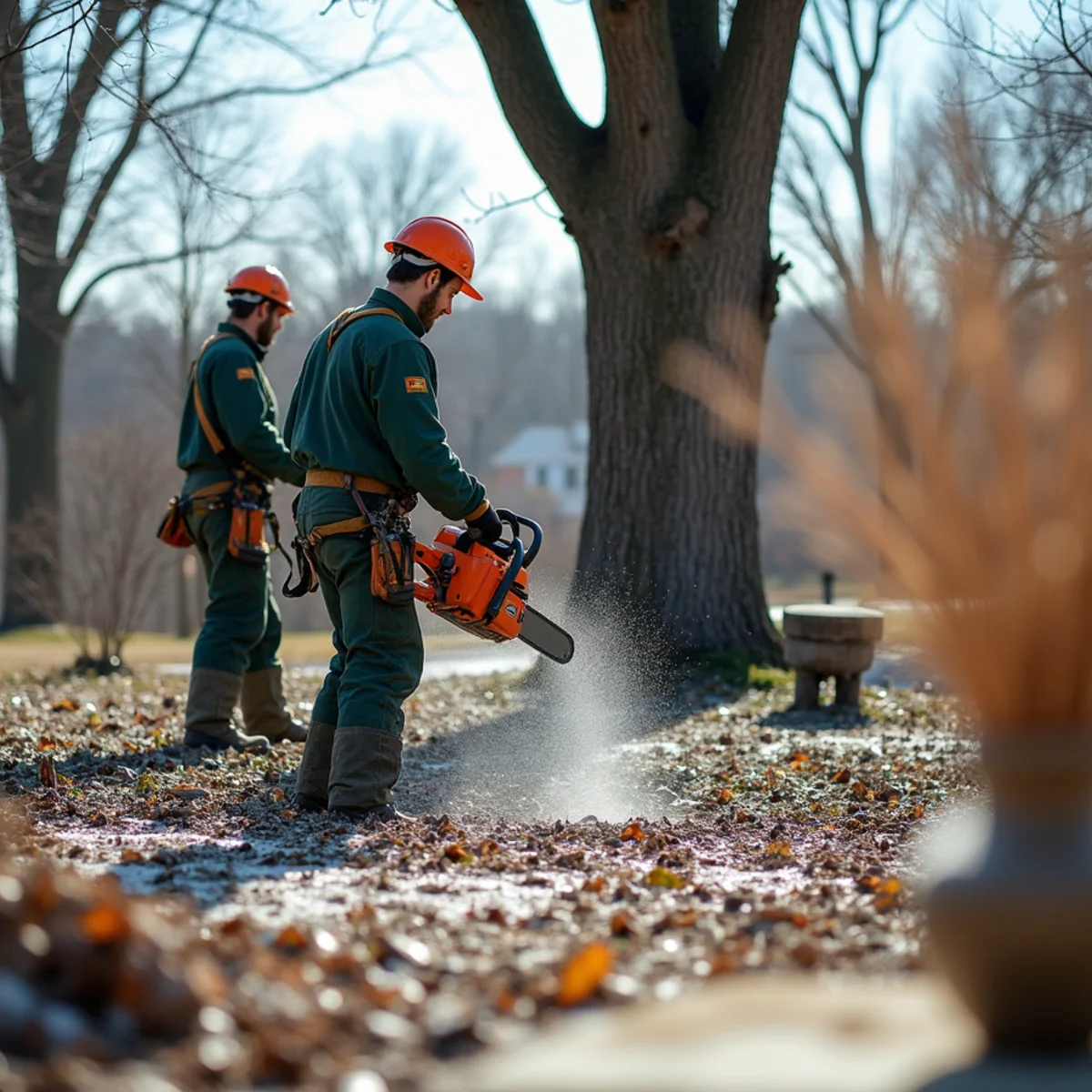 Tree care crew performing cleared ice storm yard debris in Skiatook Oklahoma