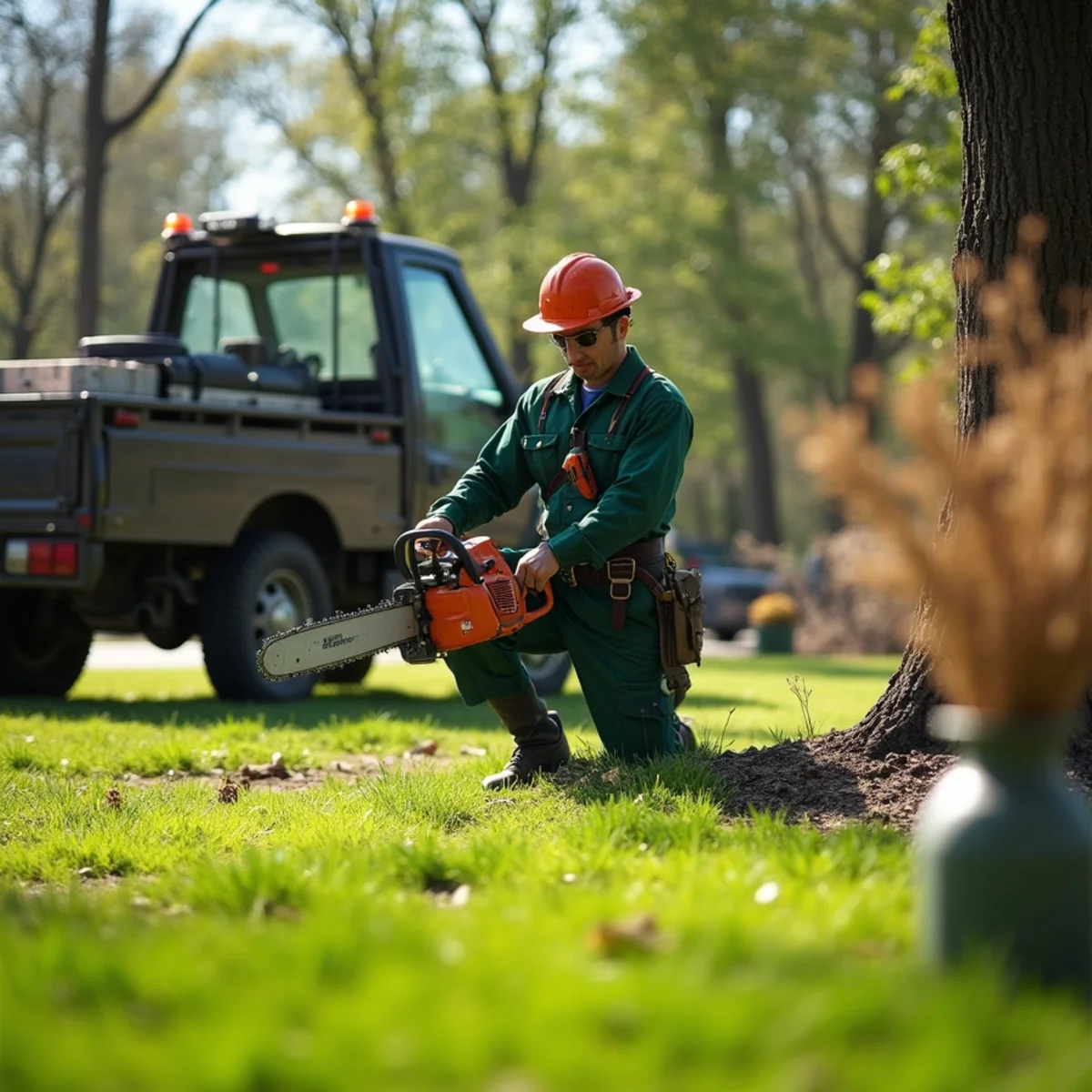 Tree care crew performing clean riverfront turf finish in Tahlequah Oklahoma