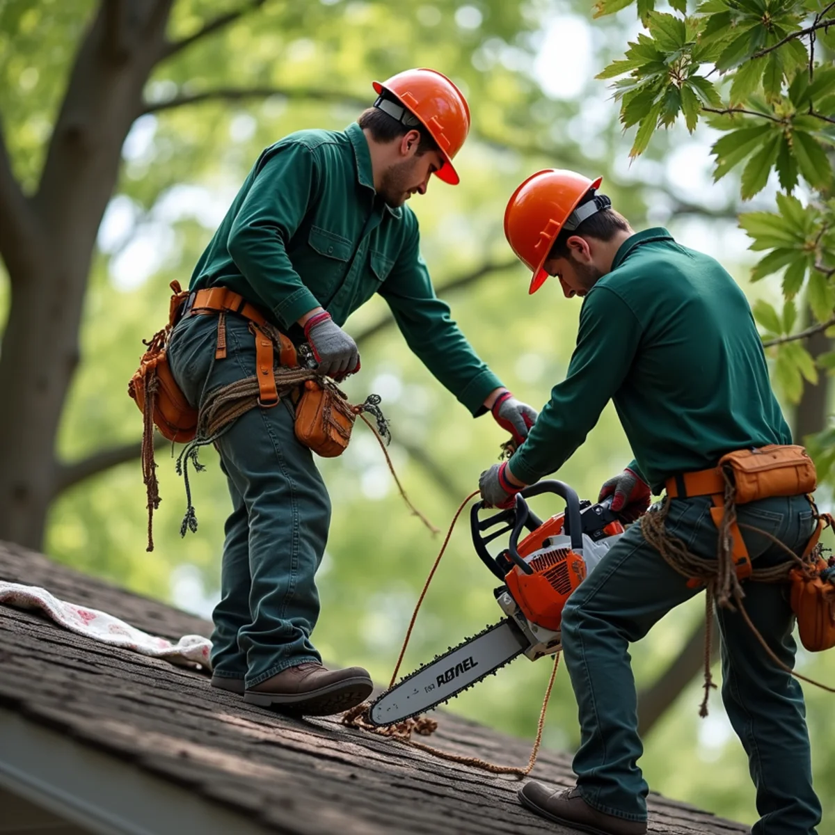 Tree care crew performing water oak roof inspection in Wagoner Oklahoma