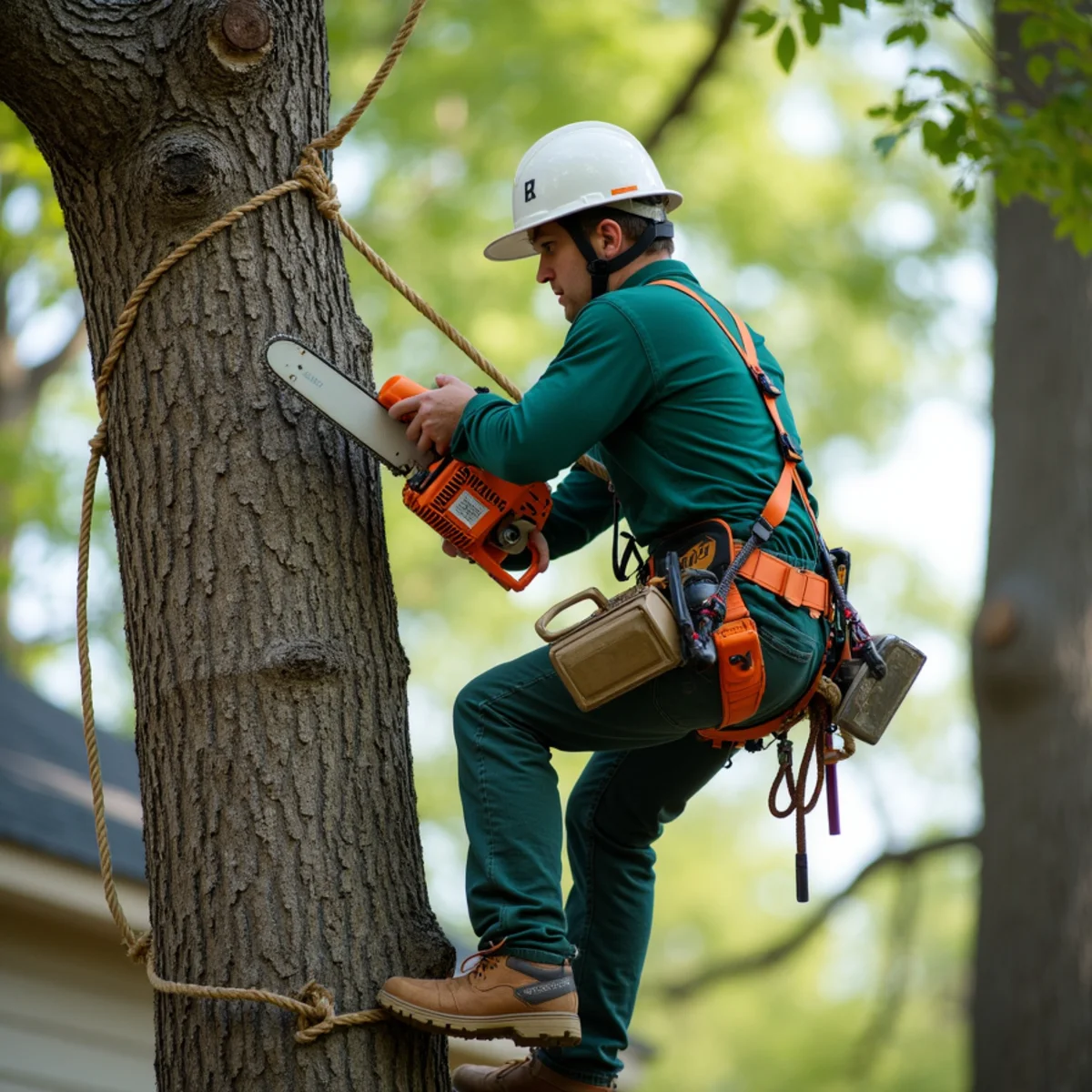 Tree care crew performing precision rigging over deck in Wagoner Oklahoma