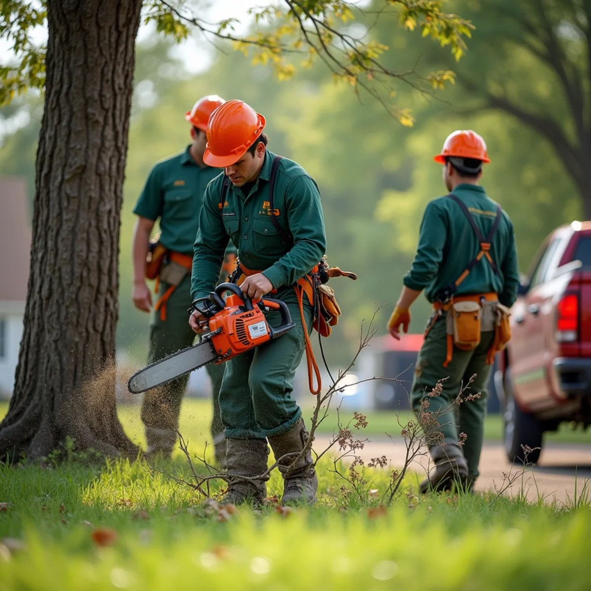 Tree care crew performing curbside branch chipping in Wagoner Oklahoma