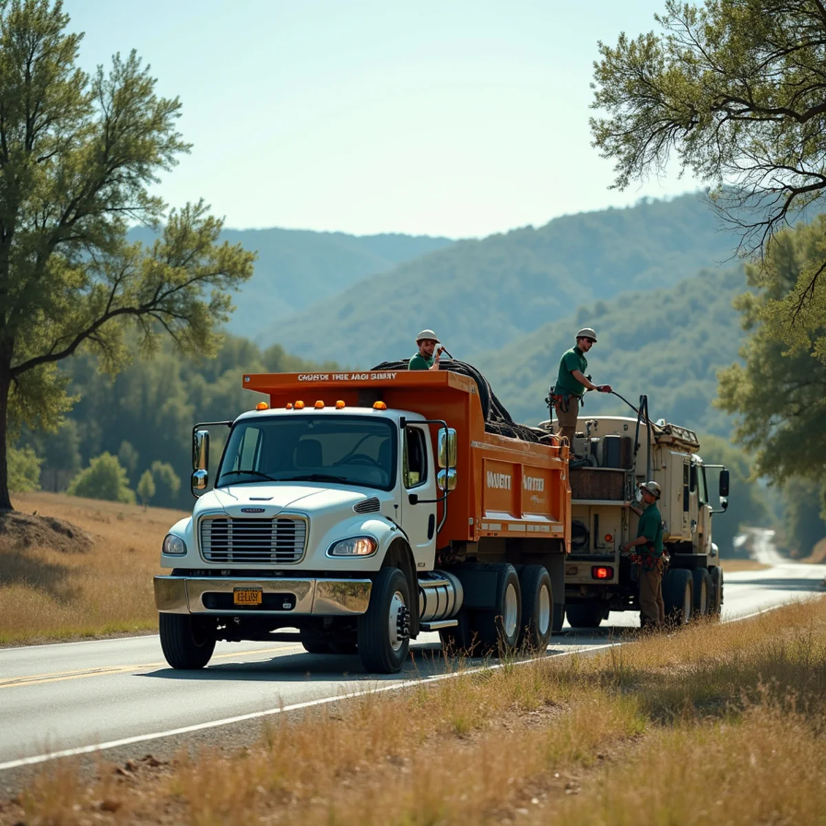 Service dispatch truck with forestry box on rural Oklahoma highway serving Green Country communities