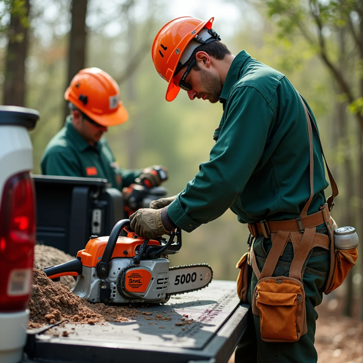 Commercial Stihl chainsaw and safety gear pre-flight inspection on truck tailgate