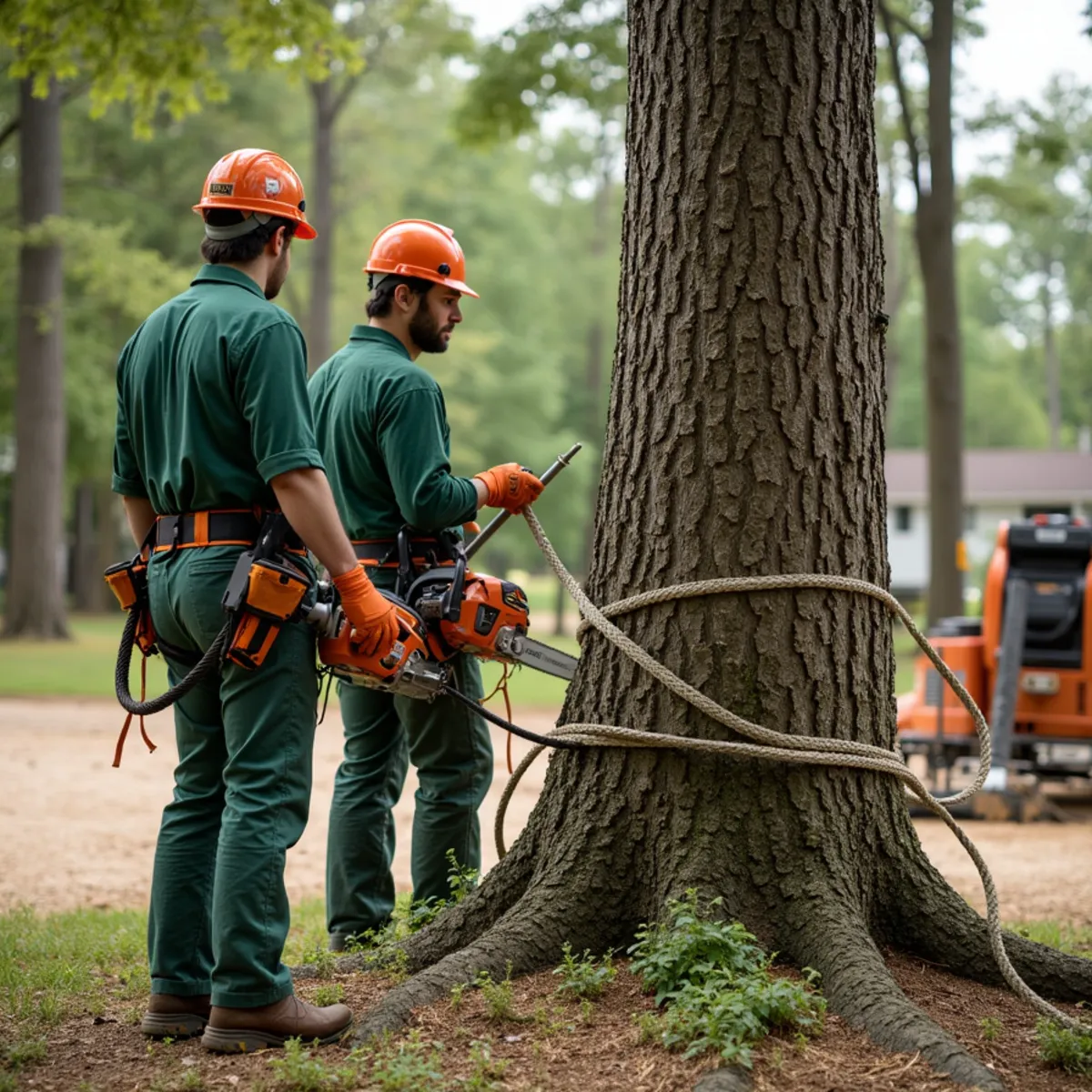 Steel Port-a-Wrap friction bollard strapped to tree base for controlled rope lowering