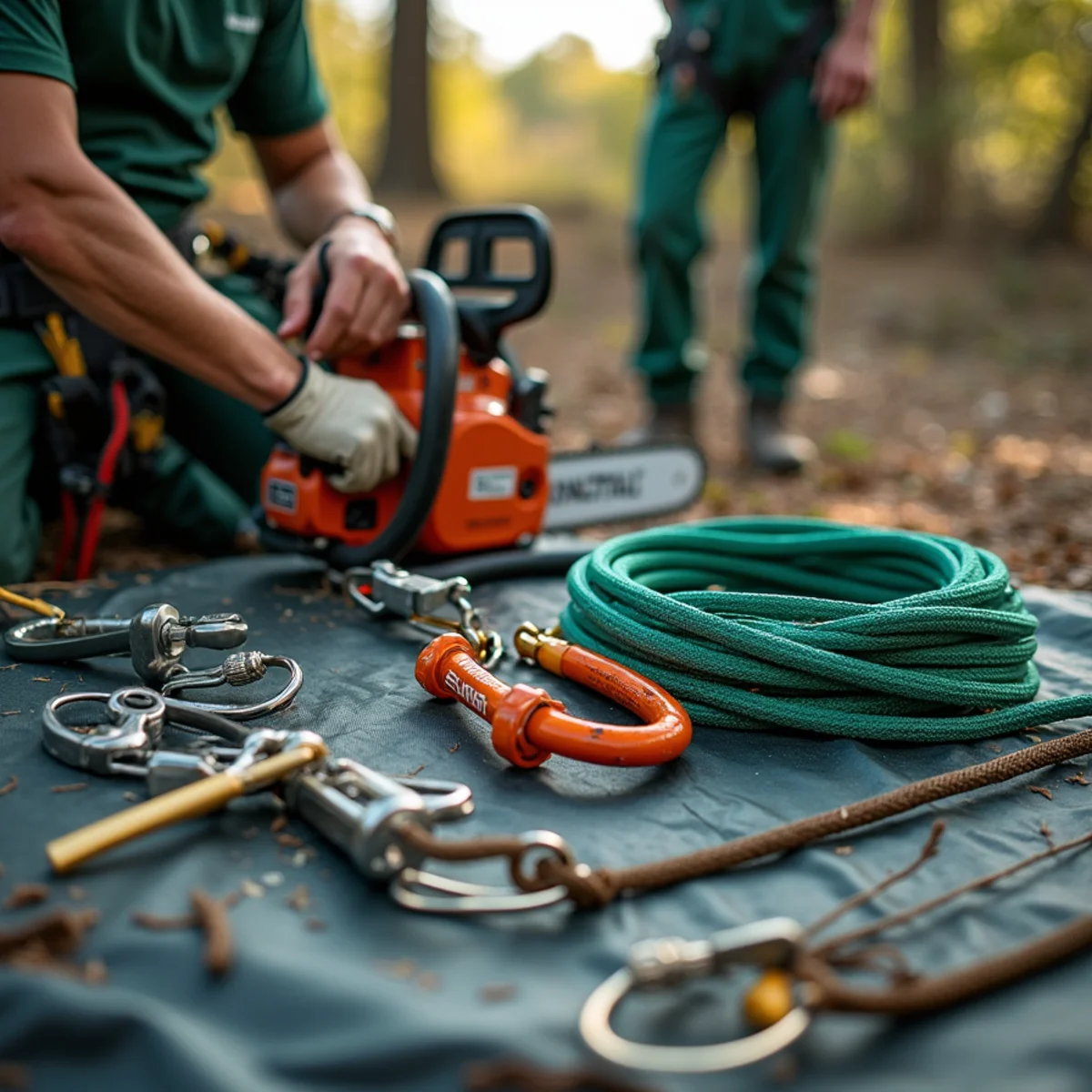 ANSI certified tree climbing harness, carabiners, and high-tensile arborist ropes