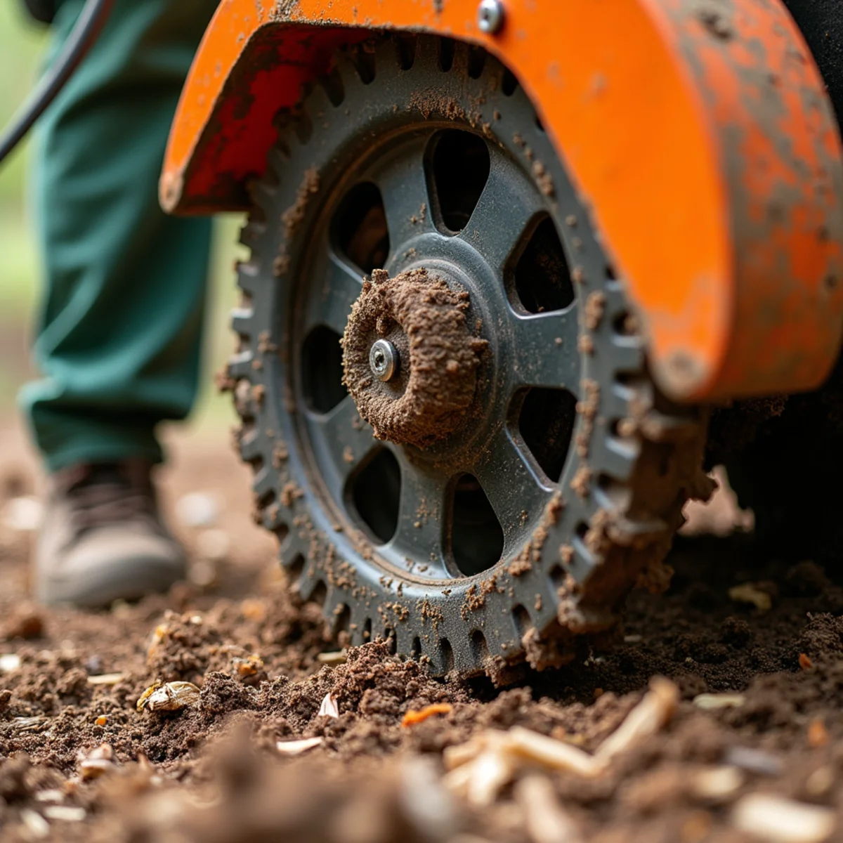 Carbide-tipped stump grinder cutting wheel excavating tree stump below lawn grade