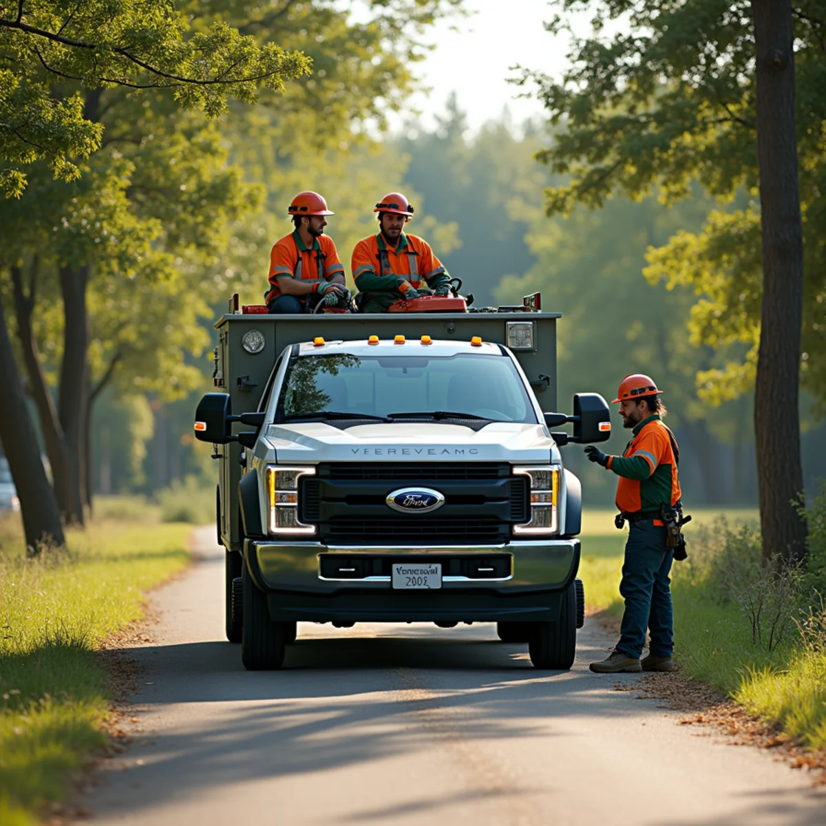Tree service chip truck and equipment trailer arriving at rural residential property