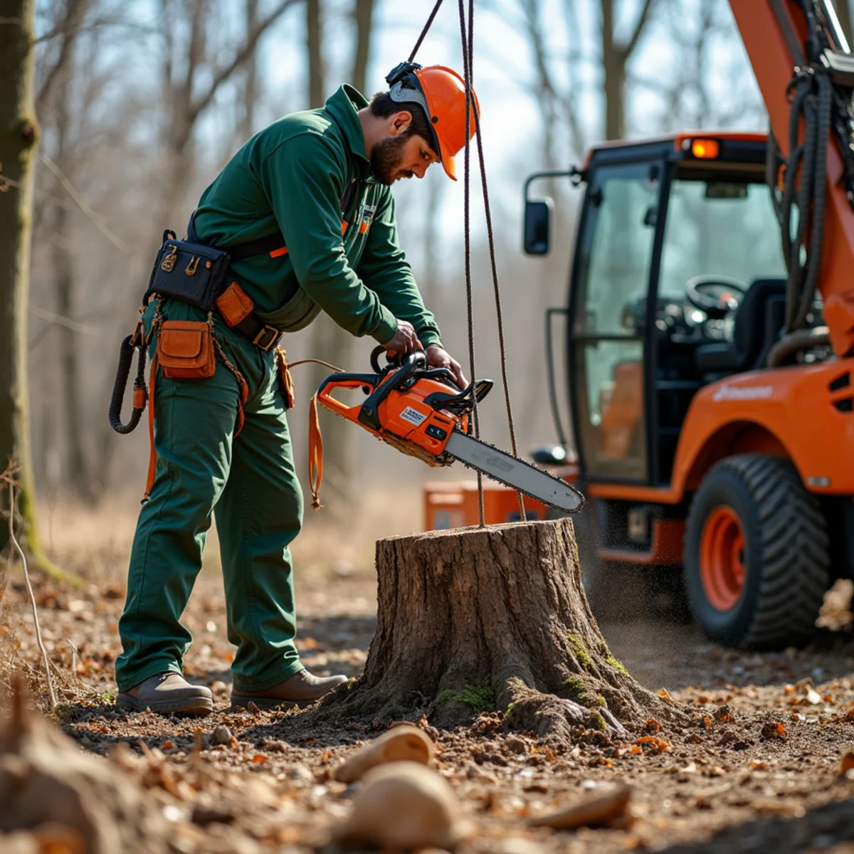 Lifting extracted stump root ball out of ground excavation