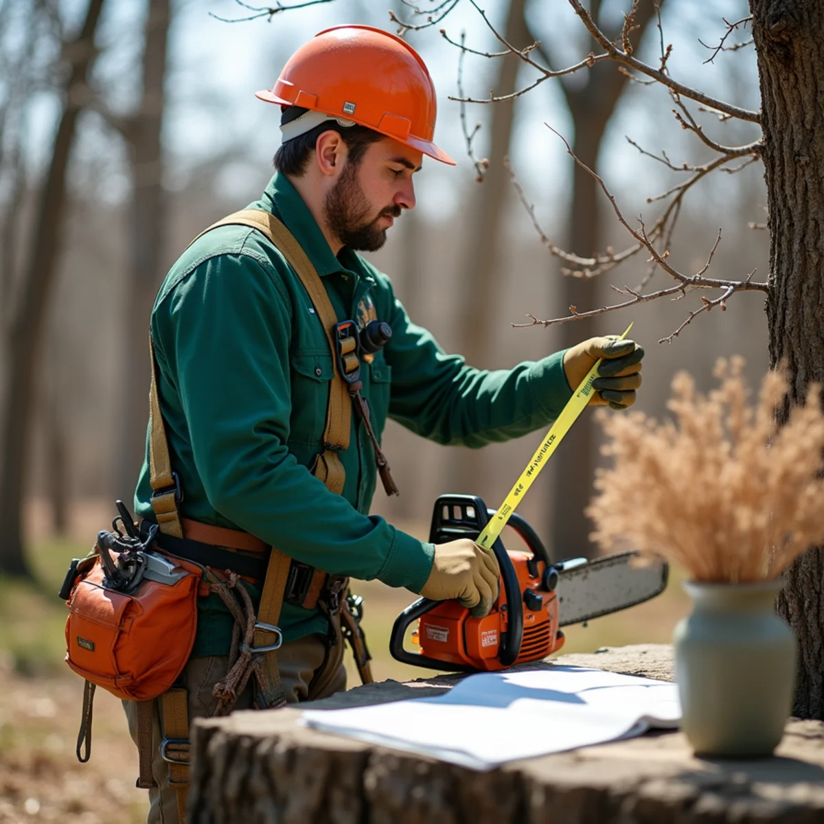 Marking target branches with arborist ribbon for upcoming seasonal trim