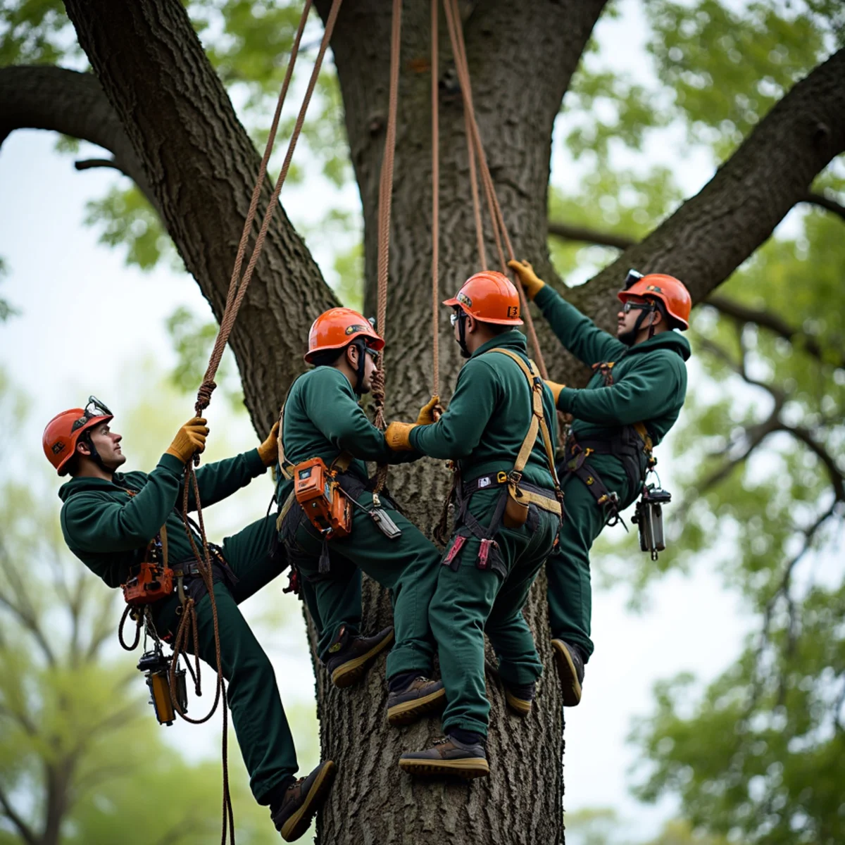 Heavy arborist rigging blocks anchored in canopy of 80-foot tree
